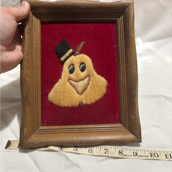 Vintage Crewel Framed Embroidered Pear Art with Top Hat - Picture 3 of 4